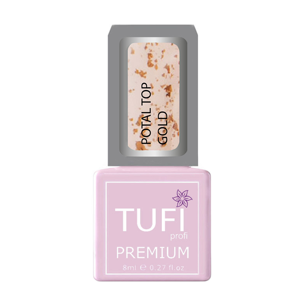 Каучуковий топ для гель-лаку Tufi profi Premium Potal Top без липкого шару, з поталью золото, 8 мл
